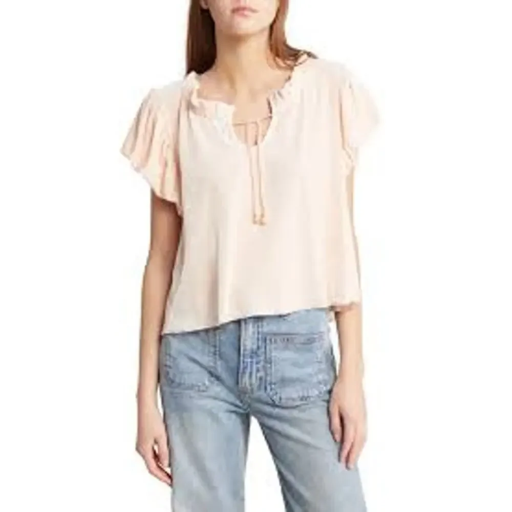 Free People Terese Velour Puff Sleeve Tie Neck Top Pink XS
